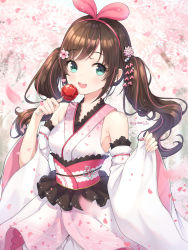 Rule 34 | 1girl, :d, absurdres, aqua eyes, artist name, azur lane, bare shoulders, breasts, brown hair, candy apple, cherry blossoms, detached sleeves, food, glint, hair ornament, hairband, highres, holding, japanese clothes, kanzashi, kimono, kizuna ai, kizuna ai inc., long hair, long sleeves, looking at viewer, multicolored hair, obi, open mouth, petals, pink hair, sash, sidelocks, small breasts, smile, solo, soyubee, sparkle, streaked hair, twintails, upper body, virtual youtuber, white kimono, wide sleeves