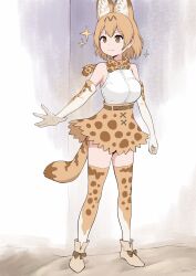 Rule 34 | 1girl, :3, animal ears, bare shoulders, blonde hair, boots, cat ears, cat girl, cat tail, earthisfire, elbow gloves, extra ears, full body, gloves, hair between eyes, high-waist skirt, highres, kemono friends, print gloves, print skirt, print thighhighs, serval (kemono friends), serval print, shirt, short hair, sidelocks, skirt, sleeveless, solo, sparkle, tail, thighhighs, white footwear, white shirt, yellow eyes, zettai ryouiki