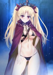 Rule 34 | 1girl, areola slip, bikini, black bikini, blonde hair, blush, breasts, cameltoe, cape, closed mouth, contrapposto, cowboy shot, dark background, earrings, ereshkigal (fate), ero waifu, fate/grand order, fate (series), gluteal fold, hand on own hip, highres, jewelry, large breasts, legs apart, long hair, looking at viewer, motion blur, navel, parted bangs, purple cape, purple ribbon, red eyes, red ribbon, ribbon, shiny skin, skindentation, skull, solo, spine, standing, stomach, swimsuit, thighs, tiara, tohsaka rin, tsurime, two side up, v-shaped eyebrows, very long hair