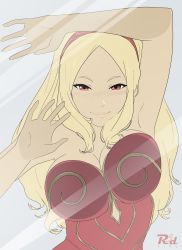 Rule 34 | absurdres, against glass, blonde hair, blush, breast press, breasts, breasts on glass, cleavage, dark-skinned female, dark skin, glass, gravity daze, hand on glass, highres, kitten (gravity daze), pressing, red eyes, simple background, smile, solo