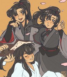 Rule 34 | 2boys, absurdres, black eyes, black hair, black robe, blush, brushing hair, chinese clothes, closed eyes, comb, falling petals, hanfu, head rest, highres, holding, holding hair, holding petal, lan wangji, looking up, male focus, modao zushi, multiple boys, multiple views, one eye closed, parted lips, petals, red ribbon, ribbon, robe, signature, sitting, smile, uwibbit, wei wuxian, white robe, yaoi, yellow background