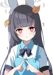 Rule 34 | 1girl, absurdres, angel&#039;s 24 uniform (blue archive), animal ears, apron, black bow, black bowtie, black hair, blue apron, blue archive, blush, bow, bowtie, bright pupils, collared shirt, fake animal ears, highres, leaf, leaf on head, long hair, looking at viewer, miyu (blue archive), moepu., official alternate costume, open mouth, polo shirt, rabbit ears, red eyes, shirt, short sleeves, simple background, solo, upper body, white background, white pupils, white shirt