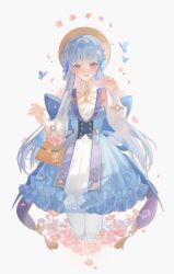 Rule 34 | 1girl, ayaka (genshin impact), back bow, bag, blue bow, blue dress, blue eyes, blue hair, blunt bangs, bow, breasts, brown headwear, butterfly hair ornament, cherry blossoms, clear regulus, collar, commentary, cropped legs, dress, facing viewer, genshin impact, hair ornament, hands up, highres, kamisato ayaka, kamisato ayaka (springbloom missive), light blue hair, long hair, long sleeves, medium breasts, official alternate costume, open mouth, pantyhose, simple background, smile, solo, symbol-only commentary, teeth, upper teeth only, white background, white collar, white pantyhose
