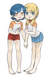 Rule 34 | 1boy, 1girl, absurdres, arched back, artist request, bare legs, barefoot, blonde hair, blue eyes, blue skirt, character request, child, choker, copyright request, flat chest, highres, miniskirt, pleated skirt, raglan sleeves, red shorts, shirt, short hair, shorts, skirt, standing, t-shirt, tongue, tongue out, transparent background