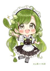 Rule 34 | 1girl, :d, apron, black dress, black footwear, blush, bow, character request, chibi, commentary request, dress, frilled dress, frills, full body, green bow, green hair, grey eyes, grey pantyhose, hair bow, hair ornament, hairclip, highres, holding, holding leaf, leaf, long hair, low twintails, open mouth, pantyhose, plaid, plaid bow, ribbon-trimmed sleeves, ribbon trim, sailor collar, sakura oriko, shirt, shoes, short sleeves, simple background, smile, solo, standing, standing on one leg, takasaki-sen meguri, translation request, twintails, very long hair, waist apron, white apron, white background, white sailor collar, white shirt, wide sleeves