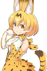 Rule 34 | 10s, 1girl, animal ears, blonde hair, bow, bowtie, breasts, cat ears, closed mouth, commentary, cowboy shot, dot nose, elbow gloves, extra ears, gloves, iguchi (strawmat), kemono friends, looking at viewer, medium breasts, paw pose, serval (kemono friends), serval print, serval tail, simple background, skirt, sleeveless, smile, solo, tail, underbust, white background, yellow eyes