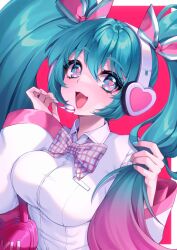 Rule 34 | 1girl, blue eyes, blue hair, blue nails, blush, bow, bowtie, breast pocket, breasts, collared shirt, fangs, gradient hair, hatsune miku, headphones, heart, heart-shaped pupils, highres, large breasts, lips, long hair, long sleeves, multicolored hair, murmoruno, open mouth, pink hair, pocket, shirt, smile, solo, symbol-shaped pupils, twintails, two-tone hair, upper body, vocaloid, white shirt