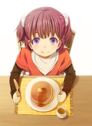 Rule 34 | 1girl, :q, brown hair, butter, chair, child, food, fork, from above, holding, holding fork, knife, looking at viewer, looking up, mattaku mousuke, original, pancake, plate, polka dot, purple eyes, scrunchie, short twintails, solo, syrup, table, tongue, tongue out, twintails