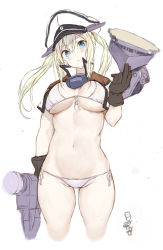 Rule 34 | 1girl, absurdres, bikini, black gloves, blonde hair, capelet, cowboy shot, cropped legs, front-tie top, gloves, graf zeppelin (kancolle), grey eyes, hat, highres, kantai collection, long hair, looking at viewer, machinery, military hat, one-hour drawing challenge, peaked cap, ryo (tg290), side-tie bikini bottom, sidelocks, solo, string bikini, swimsuit, twintails, white background, white bikini