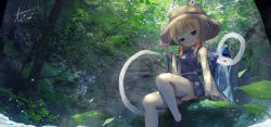 Rule 34 | 1girl, blonde hair, chii (tsumami tsumamare), dappled sunlight, fisheye, forest, from below, grey eyes, hand on headwear, hat, highres, leaf, looking at viewer, moriya suwako, nature, outdoors, purple vest, river, short hair, sidelocks, signature, sitting, skirt, sleeves past wrists, smile, snake, solo, sunlight, thighhighs, touhou, tree, vest, water, water drop, waterfall, white thighhighs