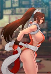Rule 34 | 1girl, absurdres, ass, bare shoulders, breasts, brown eyes, brown hair, fatal fury, female focus, high ponytail, highres, huge breasts, kuprite, long hair, looking back, matching hair/eyes, ninja, pelvic curtain, ponytail, revealing clothes, shiranui mai, sideboob, sleeveless, solo, the king of fighters