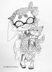 Rule 34 | 1girl, :d, aged down, animal, animal print, callie (splatoon), chihuahua, cross-shaped pupils, dog, fangs, full body, geta, greyscale, hair ornament, holding, holding animal, inkling, isamu-ki (yuuki), japanese clothes, kimono, leaf hair ornament, looking at viewer, mole, mole under eye, monochrome, net, nintendo, open mouth, pointy ears, short hair, simple background, smile, splatoon (series), squid print, symbol-shaped pupils, teeth, tentacle hair, traditional media, twitter username, white background, wide sleeves