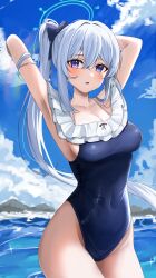 Rule 34 | 1girl, absurdres, armpits, bare legs, bare shoulders, black one-piece swimsuit, blue archive, blue halo, blush, breasts, collarbone, covered navel, cowboy shot, day, frilled one-piece swimsuit, frills, grey hair, hair between eyes, halo, highres, long hair, looking at viewer, medium breasts, miruku pan, miyako (blue archive), miyako (swimsuit) (blue archive), ocean, off-shoulder one-piece swimsuit, off shoulder, official alternate costume, one-piece swimsuit, open mouth, outdoors, ponytail, purple eyes, sideboob, solo, swimsuit, water