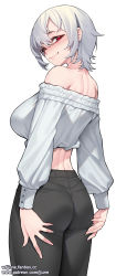 Rule 34 | 1girl, absurdres, artist name, ass, back, bare shoulders, blush, breasts, commentary, cowboy shot, crop top, fanbox username, from behind, grey pants, highres, jjune, large breasts, long sleeves, looking at viewer, looking back, median furrow, off-shoulder shirt, off shoulder, original, pants, patreon username, puffy sleeves, red eyes, shirt, short hair, simple background, smile, solo, standing, thighs, white background, white hair, white shirt
