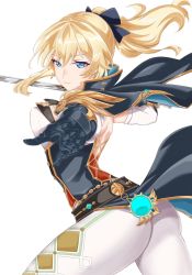 Rule 34 | 1girl, ass, back, belt, blonde hair, blue capelet, blue eyes, breasts, capelet, coattails, gauntlets, genshin impact, highres, jean (genshin impact), large breasts, long hair, looking at viewer, multicolored capelet, outstretched arm, pants, ponytail, sidelocks, simple background, solo, sword, task baron, thighs, tight clothes, tight pants, vision (genshin impact), weapon, white background, white pants
