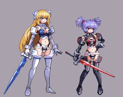 Rule 34 | 10s, 2girls, altines, altrene, armor, bikini armor, blonde hair, blue eyes, blue hair, breasts, busou shinki, cleavage, doll joints, e79, hand on own hip, hip focus, joints, long hair, lowres, medium breasts, multiple girls, navel, pixel art, red eyes, small breasts, sword, thighhighs, weapon