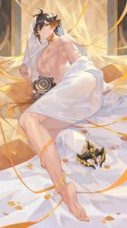 Rule 34 | 1boy, bare shoulders, bed, bed sheet, genshin impact, half-covered body, highres, looking at viewer, male focus, mask, nipples, petals, ribbon, seductive gaze, solo, stuffed toy, toy, yewood, zhongli (genshin impact)