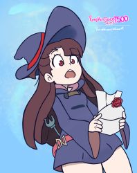 Rule 34 | 1girl, brown hair, hat, highres, holding, kagari atsuko, letter, little witch academia, long hair, long sleeves, luna nova school uniform, open mouth, pumpkinspice7500, red eyes, school uniform, self-upload, smash invitation, solo, trigger (company), wand, witch, witch hat