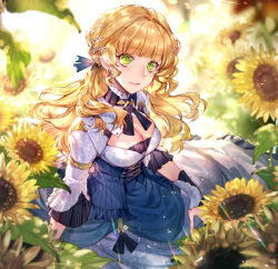 Rule 34 | 1girl, achan (blue semi), audrey hall, blonde hair, blue dress, breasts, dress, earrings, flower, green eyes, hair ornament, hair tie, jewelry, large breasts, long hair, looking at viewer, lord of the mysteries, sunflower, sunlight, white dress