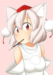 Rule 34 | 1girl, animal ears, bare shoulders, breasts, detached sleeves, elu butyo, food, food in mouth, hat, inubashiri momiji, looking at viewer, pink background, pocky, pom pom (clothes), red eyes, short hair, silver hair, simple background, small breasts, solo, tokin hat, touhou, wolf ears