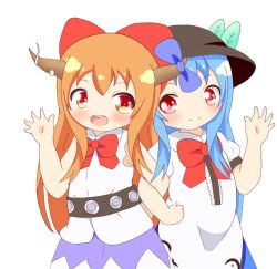 Rule 34 | 2girls, aged down, belt, blue hair, bow, dress, hair bow, hand on own hip, hand up, hat, hinanawi tenshi, horns, ibuki suika, layered dress, leaf, locked arms, long hair, looking at viewer, mochigome (mosamosa7), multiple girls, open mouth, orange hair, red eyes, shirt, simple background, skirt, sleeveless, sleeveless shirt, smile, touhou, white background