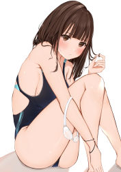 Rule 34 | 1girl, absurdres, black one-piece swimsuit, blush, bracelet, breasts, brown eyes, brown hair, commentary request, competition swimsuit, goggles, unworn goggles, highres, jewelry, long hair, looking at viewer, mole, mole on breast, one-piece swimsuit, original, simple background, sitting, solo, swimsuit, uiri-na, white background
