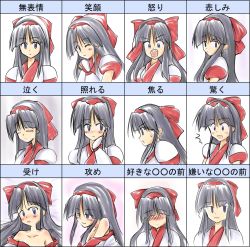 Rule 34 | 1girl, ainu clothes, angry, artist request, black hair, blue eyes, blush, chart, crying, expression chart, expressions, closed eyes, fingerless gloves, gloves, hair ribbon, hand on own face, japanese text, long hair, looking at viewer, lying, meme, nakoruru, naughty face, one eye closed, open mouth, ribbon, sad, samurai spirits, shaded face, smile, snk, solo, surprised, tears, translated, unamused, wink