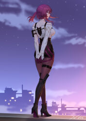 Rule 34 | 1girl, arms behind back, ass, bare shoulders, black footwear, black shorts, breasts, closed mouth, cloud, collared shirt, commentary request, earrings, from behind, full body, gloves, heel up, high-waist shorts, high heels, highres, honkai: star rail, honkai (series), jewelry, kafka (honkai: star rail), large breasts, long hair, long sleeves, looking at viewer, looking back, night, night sky, off-shoulder shirt, off shoulder, outdoors, pantyhose, pantyhose under shorts, ponytail, purple eyes, purple gloves, purple hair, purple pantyhose, shirt, shorts, sky, smile, solo, standing, star (sky), starry sky, thigh strap, thighs, white shirt, yunkaiming