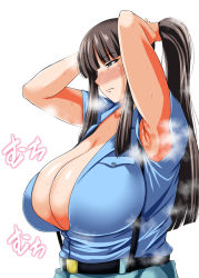 Rule 34 | 1girl, aoshidan school uniform, armpits, arms up, belt, black hair, blue shirt, blush, breasts, brown eyes, cleavage, closed mouth, collarbone, girls und panzer, huge breasts, long hair, mature female, nishizumi shiho, no bra, open clothes, open shirt, ozyasadayo, school uniform, shiny skin, shirt, simple background, solo, suspenders, sweat, white background