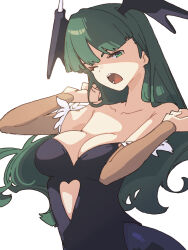 1girl black_leotard bridal_gauntlets clothing_cutout darkstalkers green_eyes green_hair head_wings heart_cutout highres leotard long_hair morrigan_aensland ooiwa_(irc14786149) simple_background solo strapless strapless_leotard upper_body white_background wings