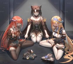 Rule 34 | 3girls, absurdres, animal ears, arknights, arms behind back, bagpipe (arknights), bare shoulders, bdsm, black choker, black dress, black hair, black thighhighs, blonde hair, blue hairband, blue necktie, bondage, bound, bound ankles, braid, breasts, cat ears, chenjiyan y, chinese commentary, choker, closed eyes, commentary request, commission, dress, feet, gag, gagged, hairband, highres, horns, improvised gag, indoors, jacket, large breasts, long hair, long sleeves, lotus position, mandragora (arknights), multiple girls, necktie, off-shoulder dress, off shoulder, orange hair, pantyhose, plaid, plaid skirt, pointy ears, purple eyes, red skirt, revision, rope, saileach (arknights), second-party source, shirt, shoes, unworn shoes, short hair, sitting, skirt, soles, tape, tape gag, thighhighs, twin braids, very long hair, watermark, white pantyhose, white shirt, wide sleeves