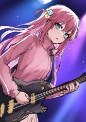 Rule 34 | 1girl, blue eyes, blush, bocchi the rock!, electric guitar, gibson les paul, gotoh hitori, guitar, hair between eyes, highres, holding, holding instrument, instrument, jacket, long hair, one side up, parted lips, pink hair, pink jacket, sketch, solo, ten-chan (eternal s), track jacket, very long hair