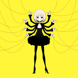 Rule 34 | 1girl, blonde hair, blush, boots, dress, extra arms, goth fashion, high heels, ken (koala), monster girl, original, pinky out, red eyes, shoes, short hair, simple background, smile, solo, string, string of fate, yellow background