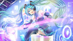 Rule 34 | 1girl, aqua hair, bad id, bad pixiv id, blue eyes, detached sleeves, hair ornament, hatsune miku, headset, highres, instrument, keyboard (instrument), long hair, miniskirt, miturousoku, music, musical note, necktie, open mouth, playing instrument, pleated skirt, quaver, skirt, smile, solo, sparkle, tattoo, twintails, very long hair, vocaloid