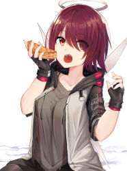 Rule 34 | 1girl, :o, apple pie, arknights, black gloves, bra strap, breasts, brown eyes, commentary, exusiai (arknights), fingerless gloves, food, gloves, grey jacket, grey shirt, hair over one eye, halo, hands up, highres, holding, holding food, jacket, large breasts, looking at viewer, open clothes, open jacket, open mouth, pie, raglan sleeves, red hair, shirt, short hair, short sleeves, simple background, solo, upper body, white background, yatsucchie