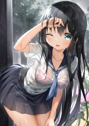 Rule 34 | 1girl, adjusting hair, anzu ame, black hair, blue eyes, blue neckerchief, blush, bra, bra visible through clothes, breasts, cleavage, commentary request, cowboy shot, flower, leaning forward, long hair, looking at viewer, medium breasts, melonbooks, mole, mole on neck, neckerchief, one eye closed, open mouth, original, outdoors, pink bra, pleated skirt, rain, sailor collar, school uniform, see-through, serafuku, shirt, skirt, smile, solo, underwear, very long hair, wet, wet clothes, white shirt