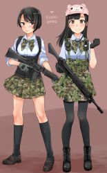 Rule 34 | 2girls, aohashi ame, assault rifle, black eyes, black footwear, black gloves, black hair, black socks, blue shirt, blunt bangs, blush, boots, bow, bowtie, brown eyes, camouflage, camouflage neckwear, camouflage skirt, character name, clenched hand, closed mouth, commentary request, cosplay, cross-laced footwear, dress shirt, flat cap, gloves, green gloves, green neckwear, green skirt, gun, happy new year, harness, hat, highres, holding, holding gun, holding weapon, howa type 89, kazari sayako, kneehighs, little armory, loafers, long hair, long sleeves, looking at viewer, multiple girls, new year, pantyhose, pleated skirt, radio, real life, rifle, romaji text, sheep hat, shirt, shoes, short hair, short sleeves, side-by-side, skirt, sleeves rolled up, smile, socks, standing, straight hair, tomytec, toujou sayako, toyosaki ena, toyosaki ena (cosplay), trigger discipline, underbust, voice actor, weapon, wing collar