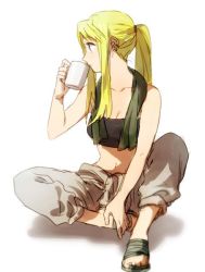 Rule 34 | 1girl, bandeau, bare arms, bare shoulders, blonde hair, blue eyes, cup, drinking, earrings, full body, fullmetal alchemist, jewelry, long hair, looking away, pants, ponytail, rag, riru, sandals, simple background, solo, tank top, white background, winry rockbell
