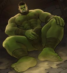 Rule 34 | 1boy, abs, bara, beard, bulge, chest hair, colored skin, crotch grab, dopey (dopq), facial hair, fangs, feet, full body, green skin, highres, large pectorals, loincloth, male focus, monster boy, muscular, muscular male, navel hair, nipples, orc, original, paid reward available, pectorals, pointy ears, short hair, soles, solo, spread legs, thick thighs, thighs, underwear, underwear only