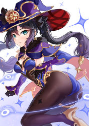 Rule 34 | 1girl, aqua eyes, ass, black gloves, black ribbon, blue leotard, blush, breasts, capelet, earrings, from side, fur trim, genshin impact, gloves, hair ornament, hair ribbon, hat, hat ornament, high heels, highres, jewelry, large hat, leotard, long hair, long sleeves, looking at viewer, medium breasts, mona (genshin impact), pantyhose, parted lips, ribbon, solo, thighlet, twintails, witch hat, yuito (yuitokobunasbs0)