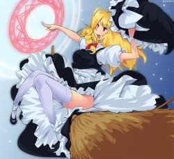 Rule 34 | 1girl, :d, amami amayu, blonde hair, bow, braid, broom, broom riding, brown eyes, dress, female focus, hair bow, hand on headwear, hat, unworn hat, unworn headwear, holding, holding hat, kirisame marisa, long hair, magic circle, no panties, open mouth, pointing, side braid, sidesaddle, smile, solo, thighhighs, touhou, witch, witch hat