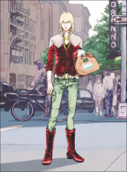 Rule 34 | 10s, 1boy, asadaas, bad id, bad pixiv id, bag, barnaby brooks jr., blonde hair, boots, city, coffee, glasses, green eyes, jacket, jewelry, male focus, red jacket, ring, solo, tiger &amp; bunny