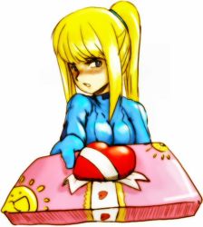 Rule 34 | 1girl, :o, blonde hair, blue bodysuit, blue eyes, blush, bodysuit, breasts, embarrassed, foreshortening, gift, giving, gloves, heart, high ponytail, holding, large breasts, long hair, looking at viewer, metroid, nintendo, nose blush, open mouth, outstretched arm, samus aran, scrunchie, shiny clothes, sidelocks, simple background, skin tight, solo, sun, tsundere, turtleneck, upper body, valentine, white background, zero suit