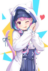 Rule 34 | 1girl, ;p, animal ears, animal hood, baseball cap, black hat, blue hair, blue nails, blue ribbon, blue skirt, blush, braid, cat hood, cat tail, closed mouth, commentary request, fake animal ears, hands up, haniwa (leaf garden), hat, head tilt, heart, highres, hololive, hood, hood up, hooded jacket, jacket, long hair, long sleeves, low twintails, minato aqua, minato aqua (sailor), multicolored hair, nail polish, neko (minato aqua), one eye closed, own hands together, pink hair, pleated skirt, print headwear, puffy long sleeves, puffy sleeves, purple eyes, ribbon, skirt, sleeves past wrists, smile, solo, streaked hair, tail, tail ornament, tail ribbon, tongue, tongue out, twin braids, twintails, very long hair, virtual youtuber, white background, white jacket