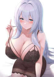 Rule 34 | 1girl, aqua eyes, bare arms, bare shoulders, black panties, blush, breasts, cleavage, closed mouth, collarbone, futon fly away, highres, large breasts, long hair, looking at viewer, original, panties, see-through, simple background, sitting, smile, solo, strap pull, underwear, white background