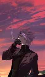 Rule 34 | 1boy, absurdres, black gloves, black jacket, black sweater, cigarette, cocacell, commentary request, dusk, gloves, highres, holding, holding cigarette, jacket, light particles, long sleeves, male focus, open clothes, open jacket, purple hair, red eyes, saibou shinkyoku, short hair, sky, smoke, smoking, solo, sweater, theodore riddle, turtleneck, turtleneck sweater, upper body