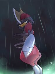 1other bisharp black_skin colored_skin creatures_(company) dark_background feet_out_of_frame game_freak gen_5_pokemon highres nintendo pokemon pokemon_(creature) rain red_skin redamber334 solo standing