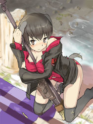 Rule 34 | 1girl, between breasts, black hair, blush, breasts, brown eyes, bullet, cartridge, cleavage, gun, kneeling, luciana mazzei, medium breasts, panties, puuakachan, red panties, short hair, solo, strike witches, strike witches: kurenai no majo-tachi, tail, thighhighs, underwear, weapon, world witches series