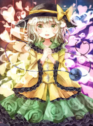 Rule 34 | 1girl, bad id, bad pixiv id, bow, eyeball, female focus, floral print, flower, frills, green eyes, own hands clasped, hat, hat ribbon, heart, heart of string, jaku sono, komeiji koishi, long sleeves, looking at viewer, open mouth, own hands together, ribbon, shirt, short hair, silver hair, skirt, smile, solo, third eye, touhou, wide sleeves