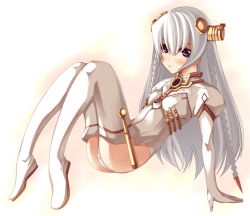 Rule 34 | 00s, 1girl, ar tonelico, ar tonelico i, ass, blue eyes, blush, boots, braid, expressionless, flat ass, flat chest, from side, full body, gloves, gust, hair between eyes, headgear, knees up, leotard, lying, reclining, shurelia (ar tonelico), solo, thigh boots, thighhighs, turtleneck, twin braids, white gloves, white hair, white thighhighs